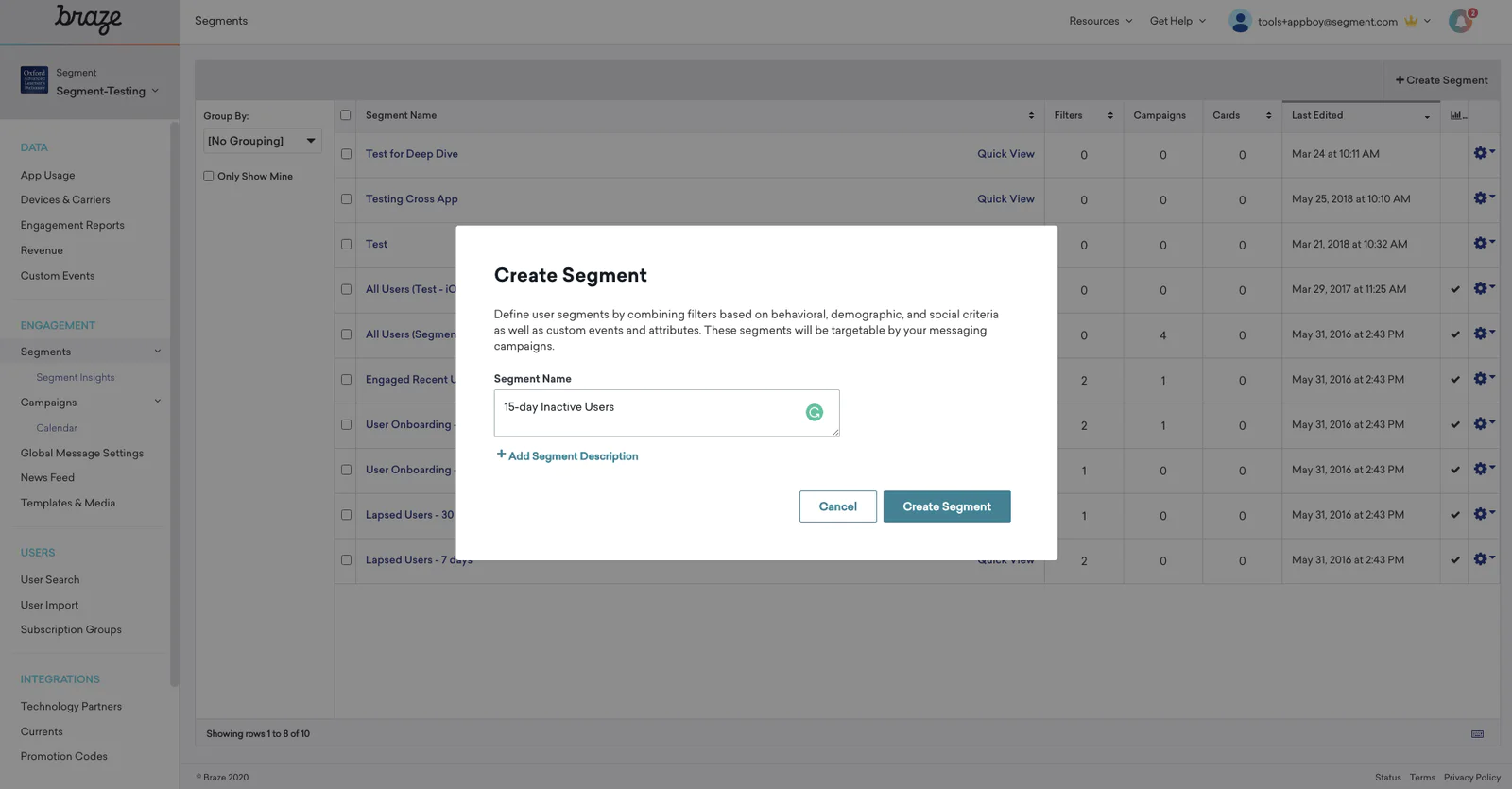 Braze Create Segment Screen