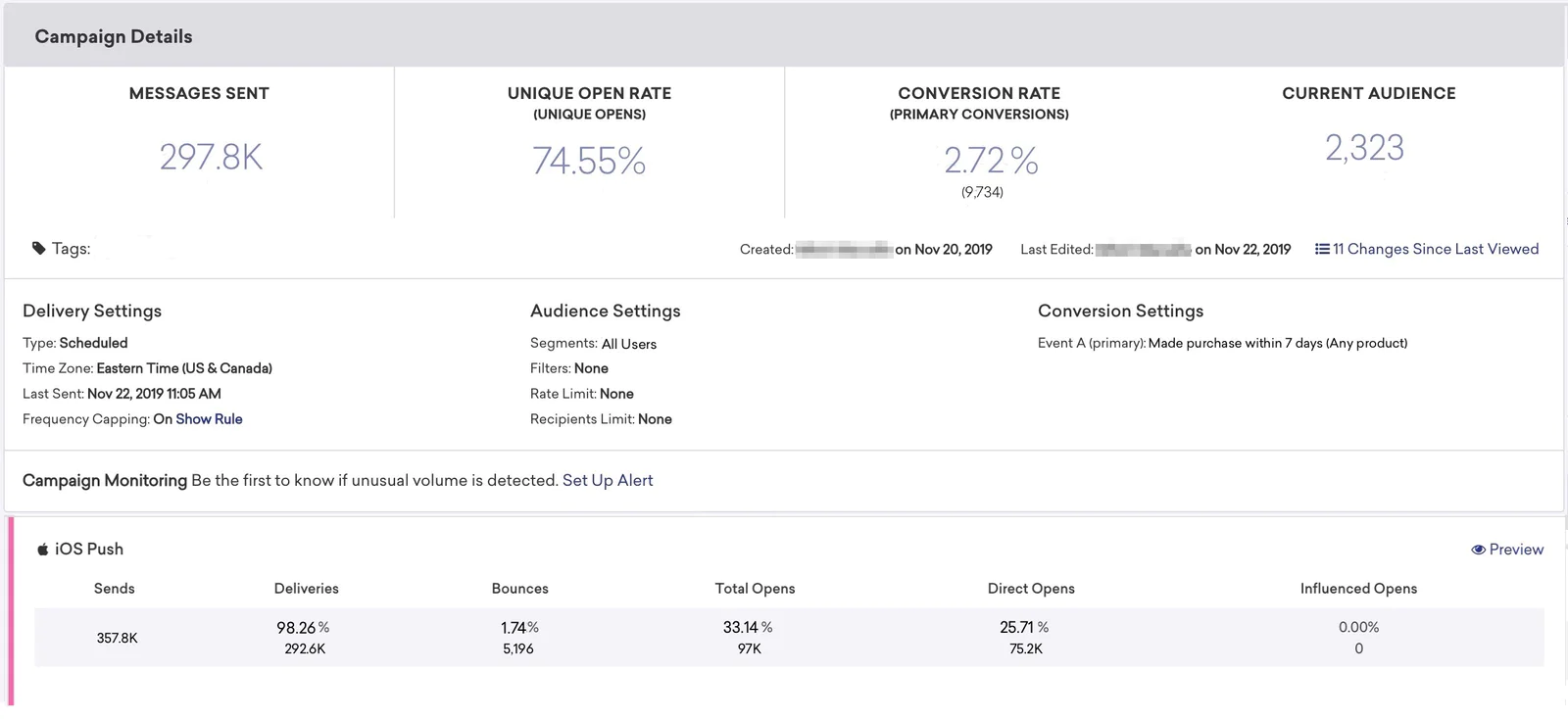 Braze Push Notification Campaign Results screen