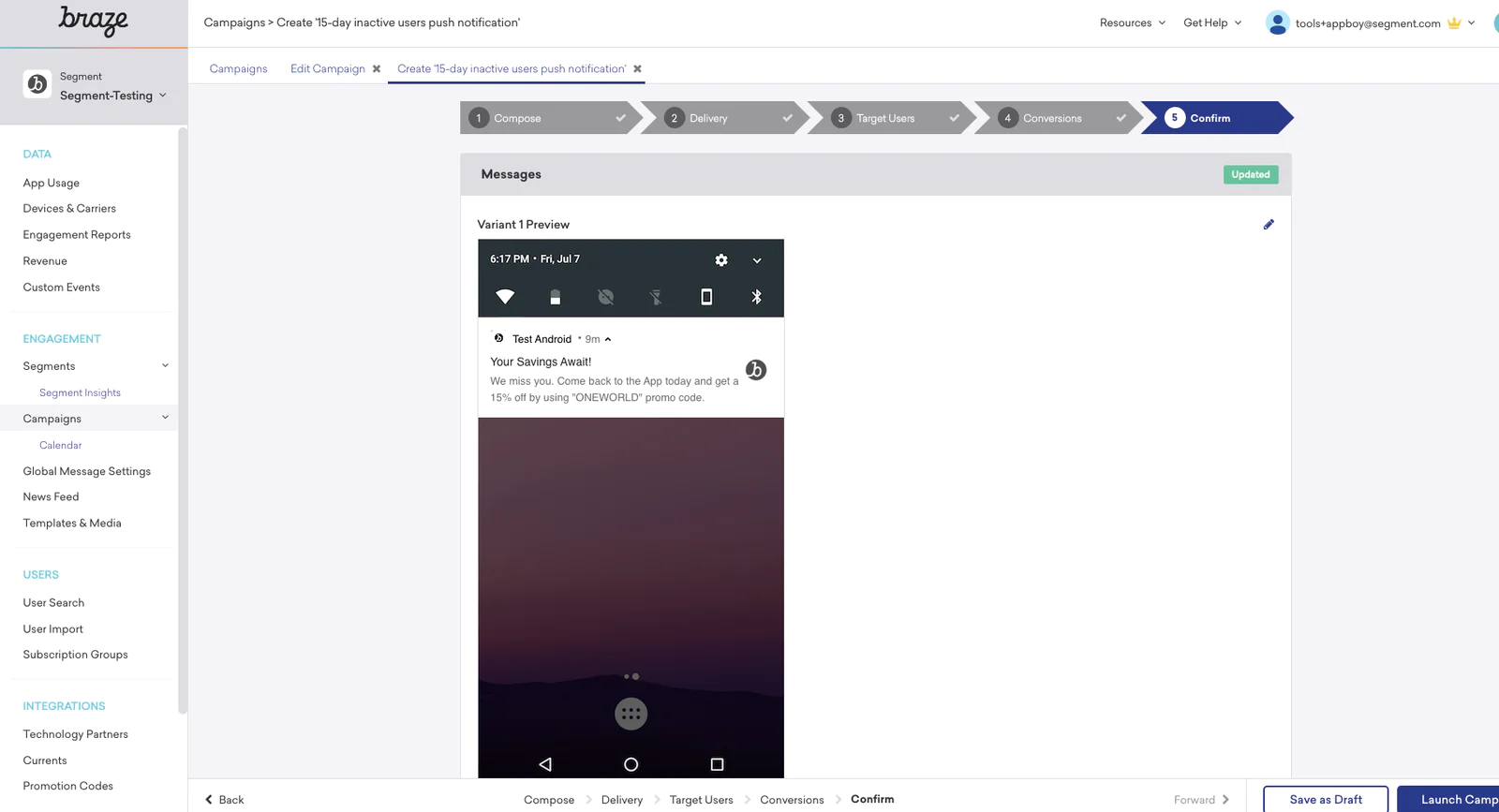 Braze Push Notification Campaign Review screen