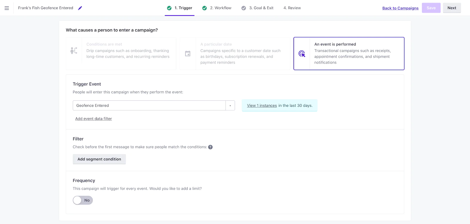 Customer.io campaign creation step