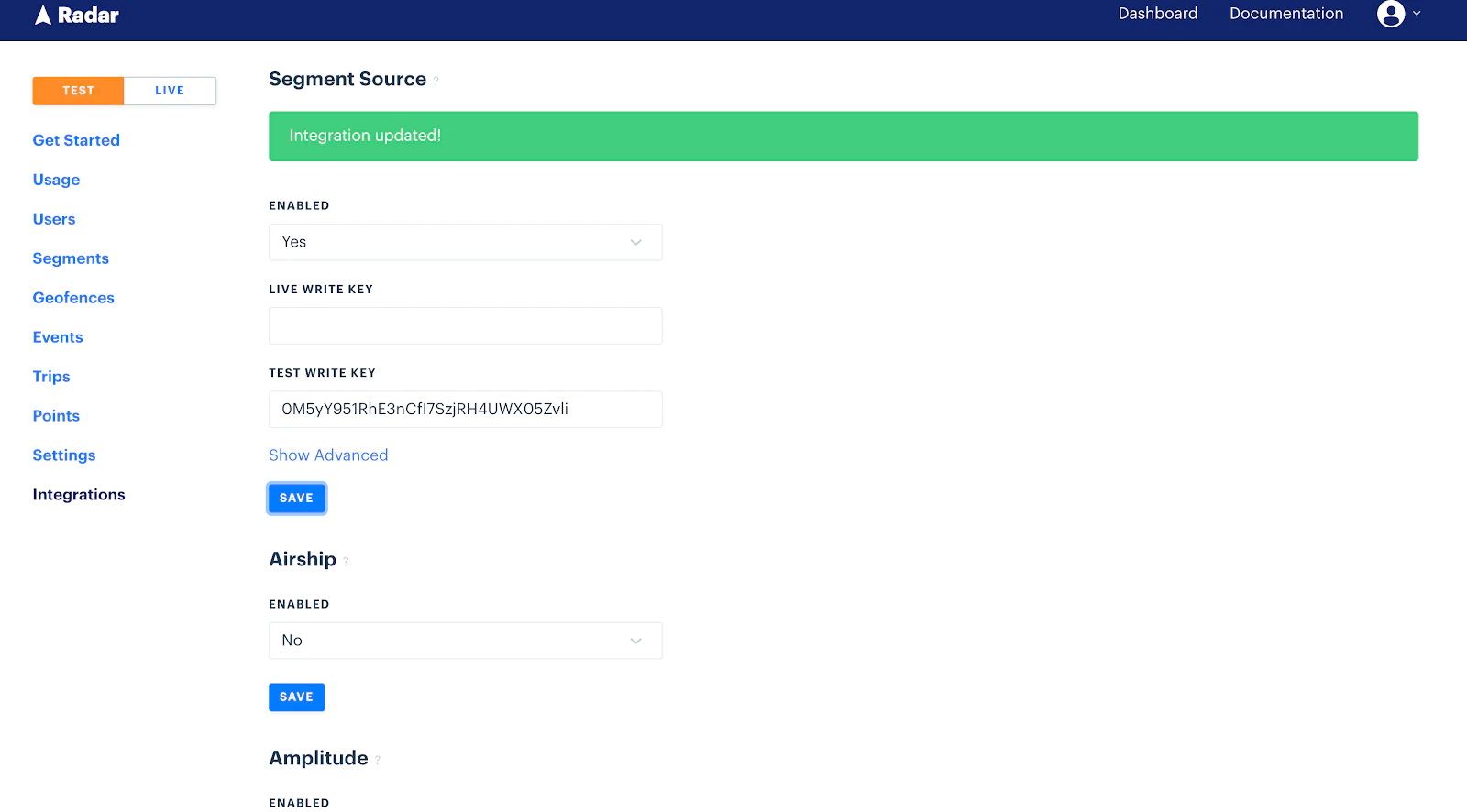 Save Segment Source write key inside Radar