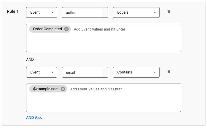 Image showing event rule in StackAdapt the matches an Order Completed event with an email containing @example.com