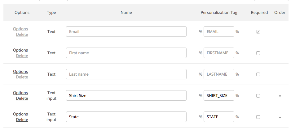 A screenshot of the fields page in ActiveCampaign, featuring two custom fields: Shirt Size and State.