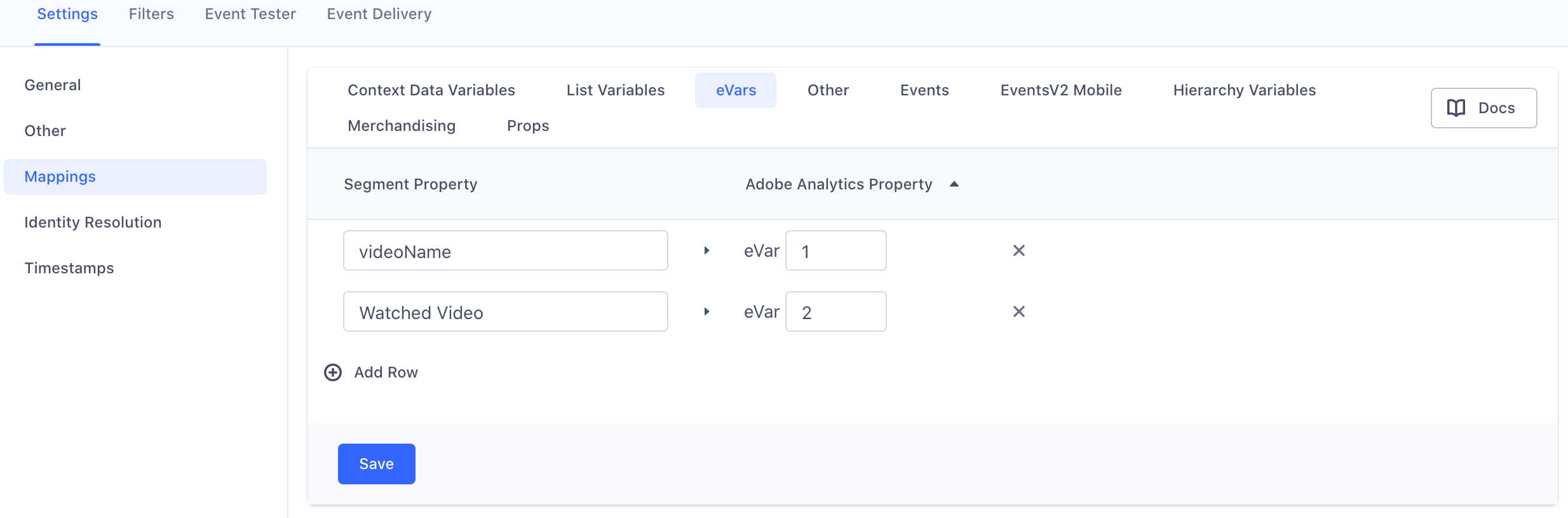 A screenshot of the Adobe Analytics settings page in Segment, with the Mappings section selected and two sample mappings under the eVars tab.