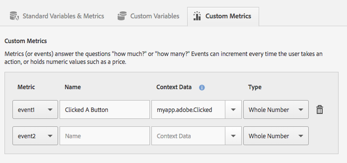 A screenshot of the Custom Metrics tab in Adobe's Mobile Services Dashboard, with one custom metric, Clicked a Button, defined.