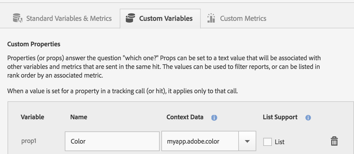 A screenshot of the Custom Variables tab in Adobe's Mobile Services Dashboard, with one custom variable, Color, defined.