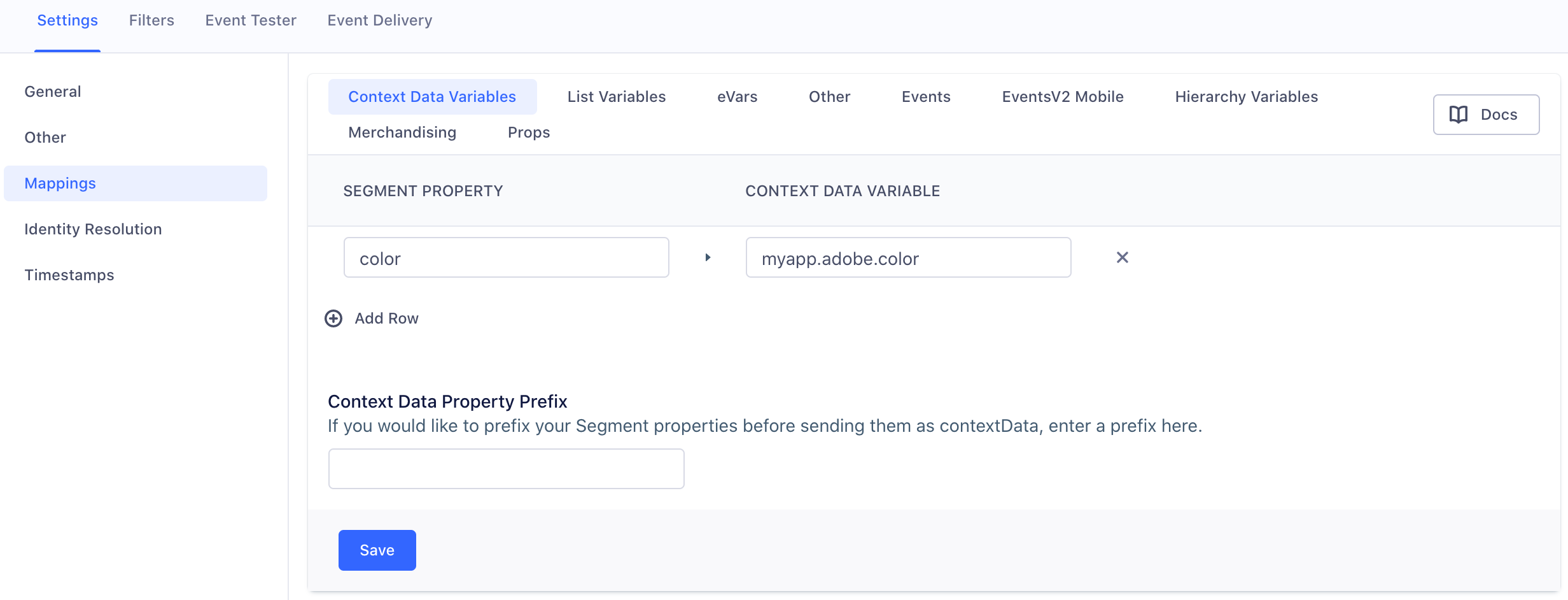 A screenshot of the Adobe Analytics settings page in Segment, with the Mappings section selected.