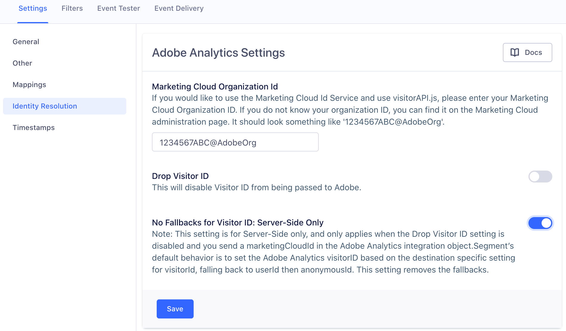 A screenshot of the Adobe Analytics settings page in Segment, with the Identity Resolution section selected.
