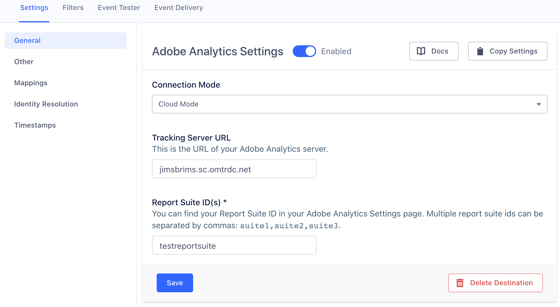 The Adobe Analytics settings page in Segment, with the General section selected.