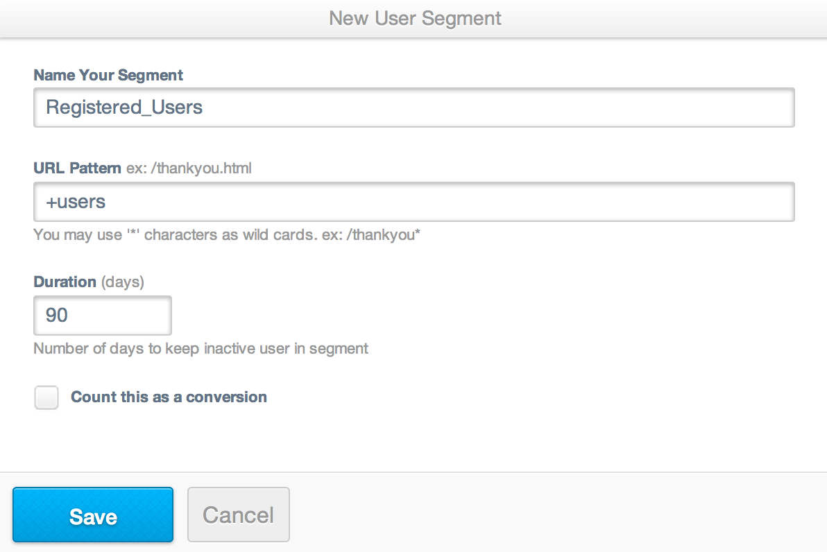 A screenshot of the New User Segment page in Adroll, with a specified name, url pattern, and duration.
