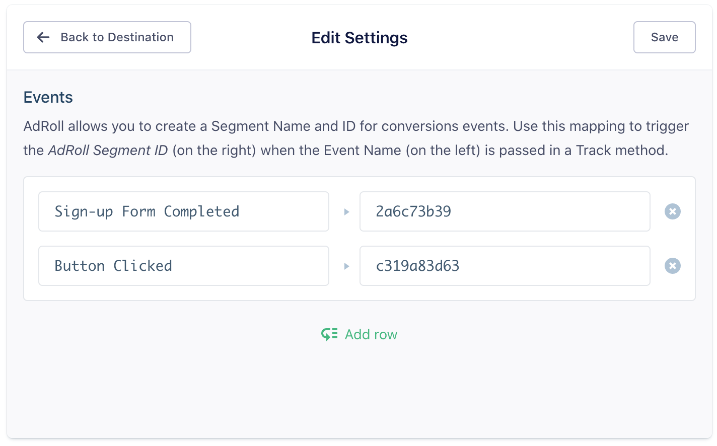 A screenshot of the Events settings in the Adroll destination settings within Segment, with two custom events, Sign-up Form Completed and Button Clicked.