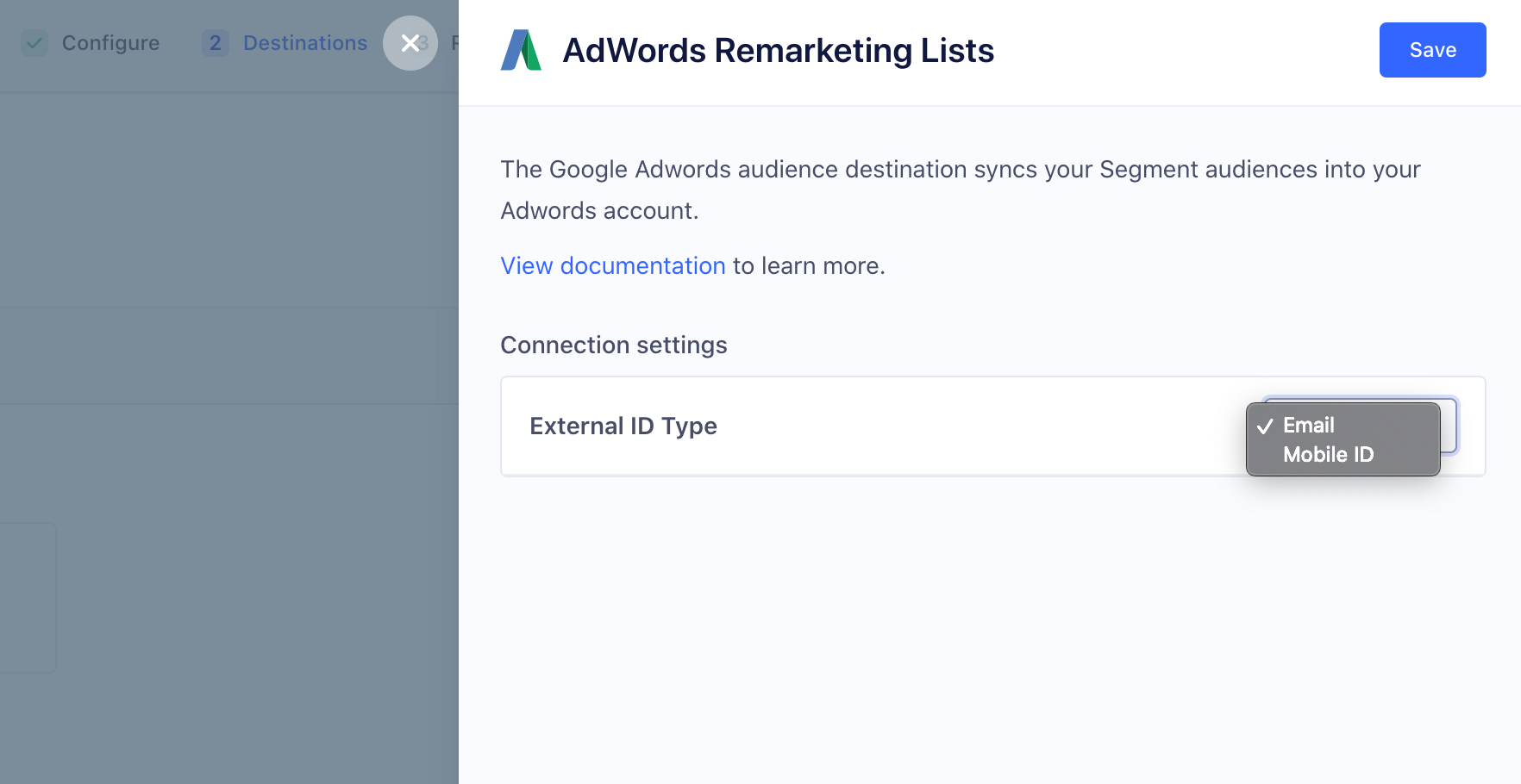 A screenshot of the AdWords Remarketing Lists setup page in the Segment app, with the Connection settings dropdown showing Email and Mobile ID options.