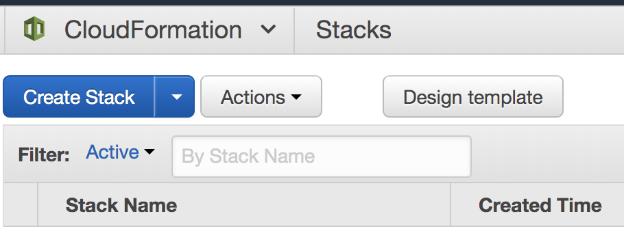 A screenshot of the CloudFormation Stacks page in AWS, with the Create Stack button present.