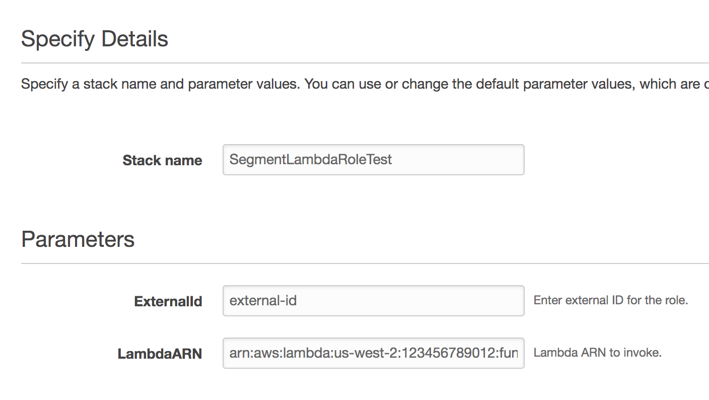 A screenshot of the Specify Details page in the AWS Cloud Formation setup, with the LambdaARN value present.