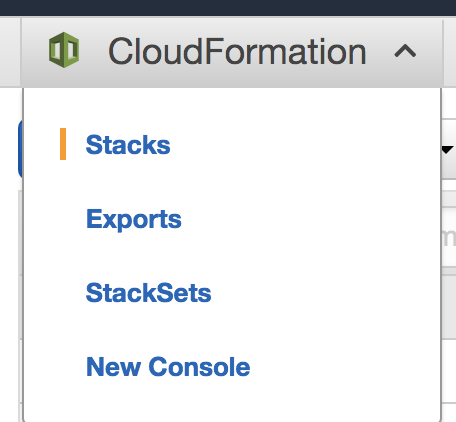 A screenshot of the CloudFormation dropdown in AWS, with Stacks selected.