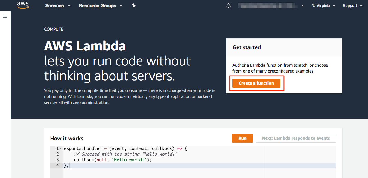 A screenshot of the AWS Lambda service page, with a box around the Create a function button.