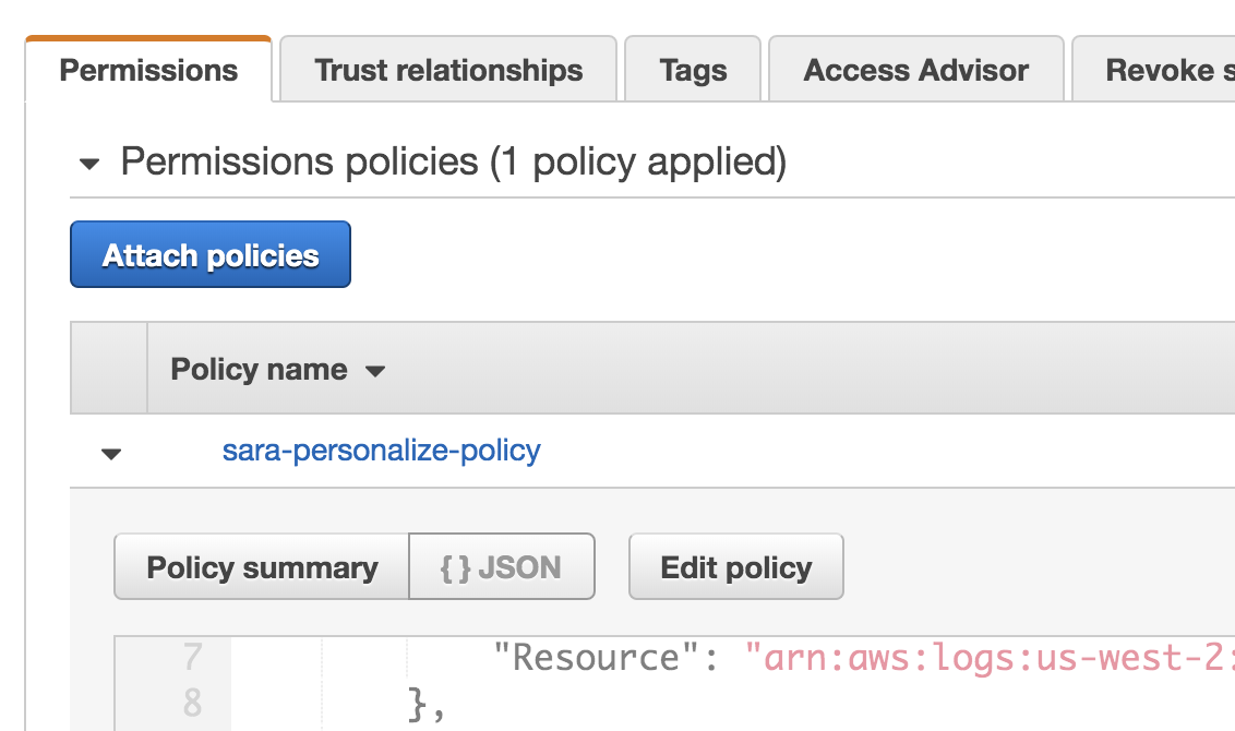 A screenshot of the permissions policies settings section on your Lambda.