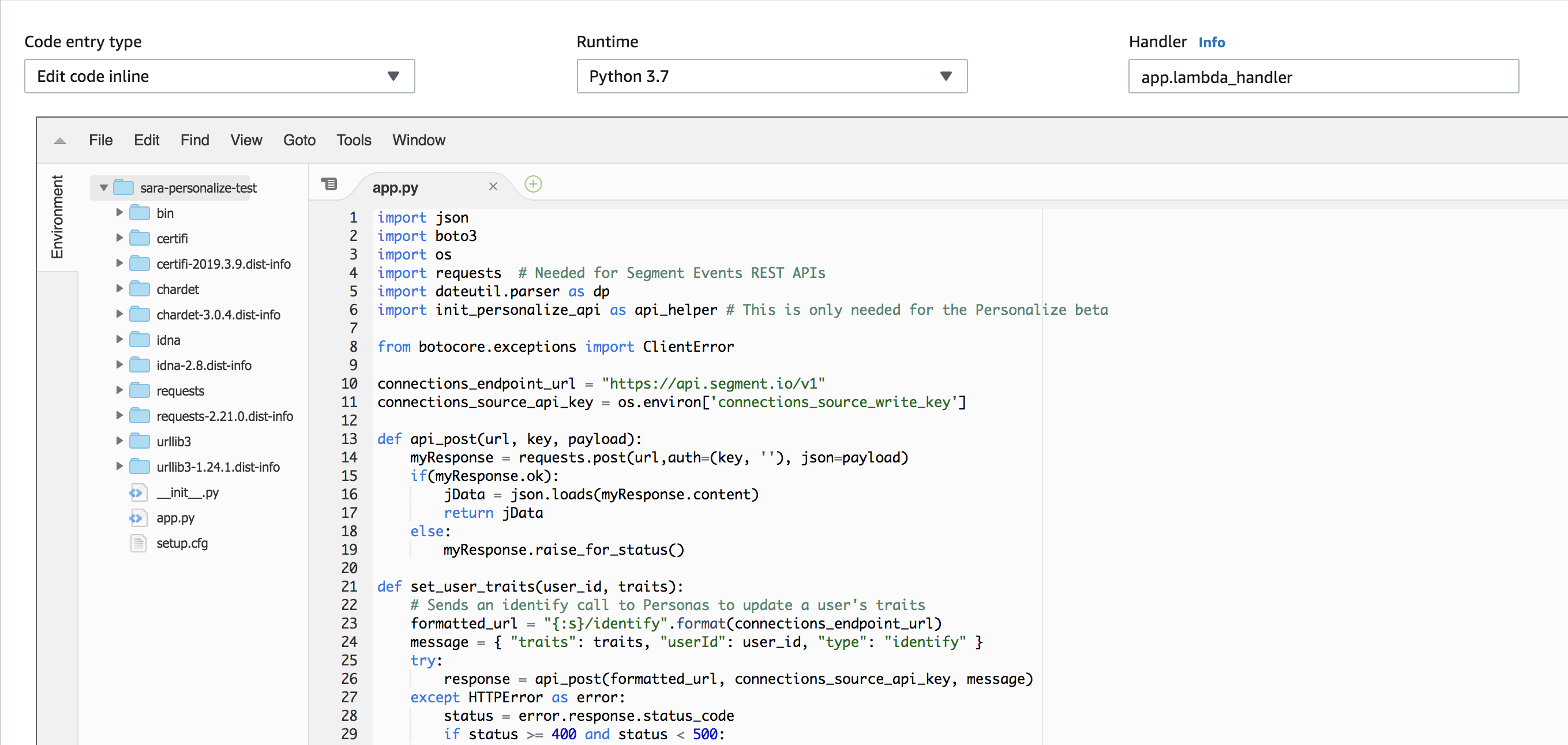 A screenshot of the Lambda code editor.
