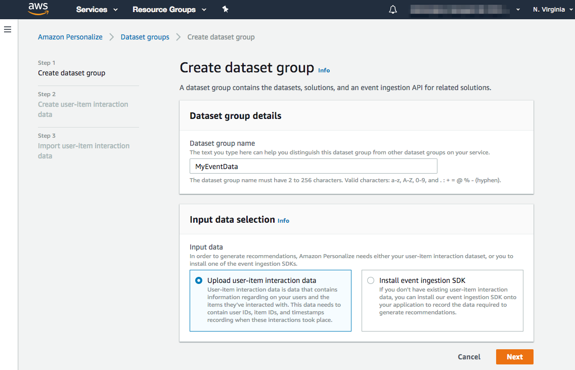 A screenshot of the create dataset group settings page, with a dataset group name, MyEventData, entered and the Upload user-item interaction data option selected.