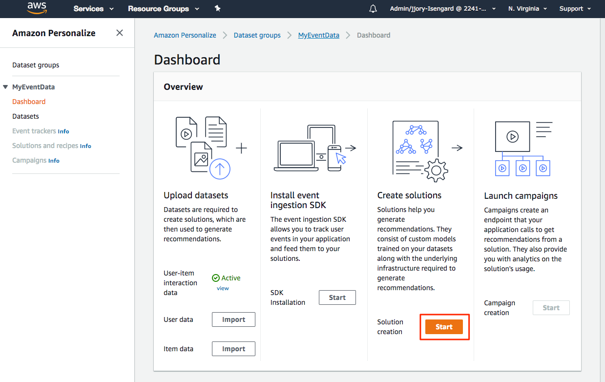 A screenshot of the Dataset groups dashboard, with a box around the Start button in the Create solutions column.