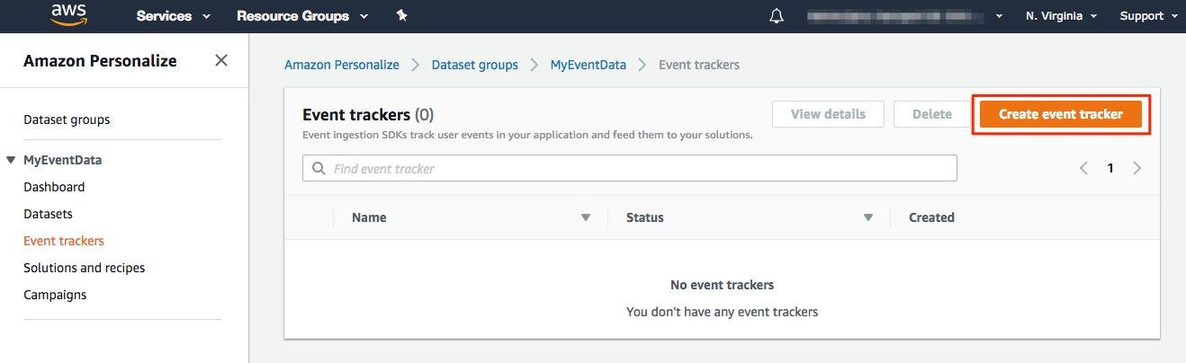 A screenshot of the Event trackers settings page, with a box around the Create event tracker button.