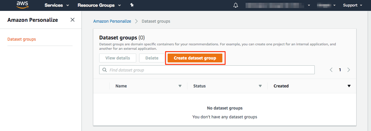 A screenshot of the dataset groups page, with a box around the Create dataset group button.