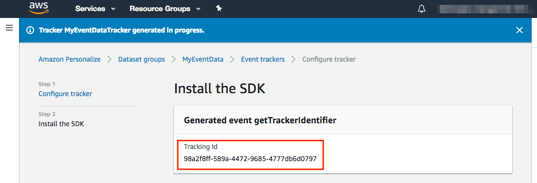 A screenshot of the Install the SDK page, with a box around the Tracking Id value.