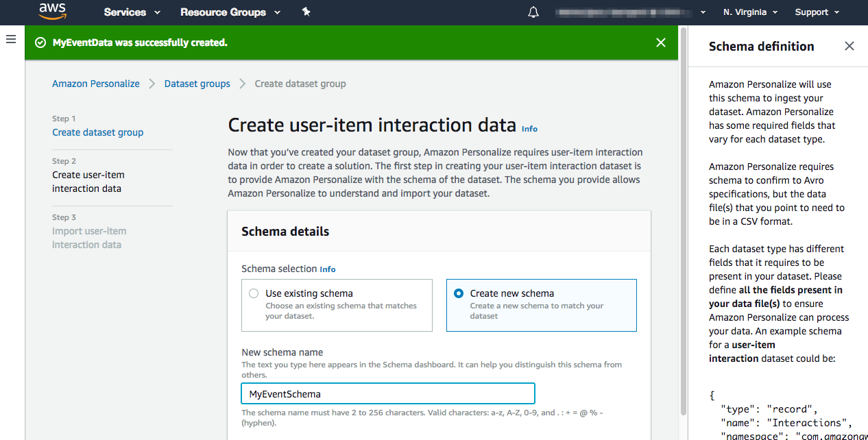 A screenshot of the Create user-item interaction data page in AWS, with the Create new schema setting selected.