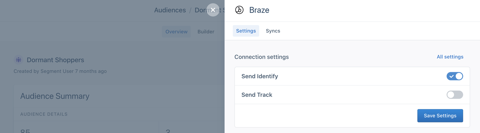 A screenshot of the Braze settings tab in Segment, with the Send Identify setting enabled.