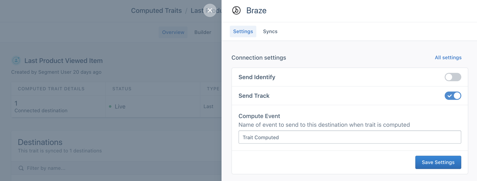 A screenshot of the Braze settings tab in Segment, with the Send Track setting enabled and a Trait Computed value in the Compute Event field.