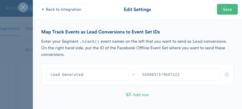 A screenshot of the settings tab for the Facebook Offline Conversions destination, with a Lead Generated event mapped to a Facebook Offline Event Set.
