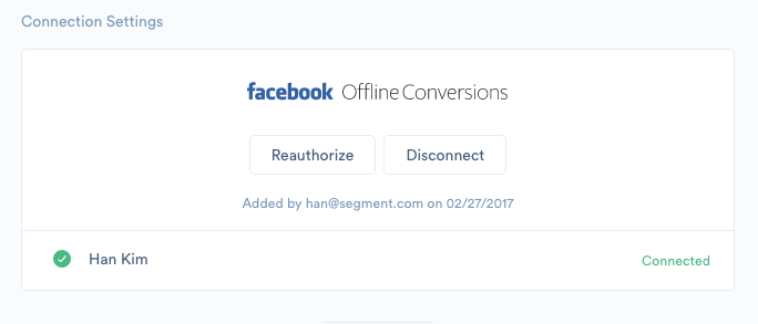 A screenshot of the Connection Settings page in Segment, showing that the Facebook OfflineConversions app is connected and authorized.