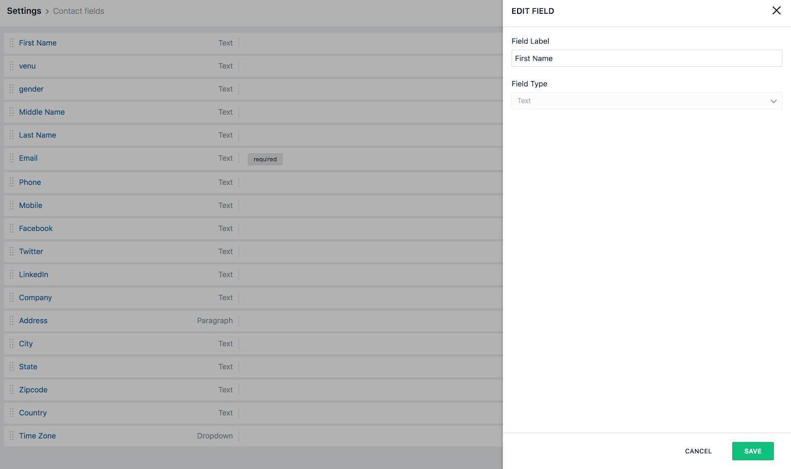 A screenshot of the Contact fields page in Freshmarketer, with an Edit Field sidebar.