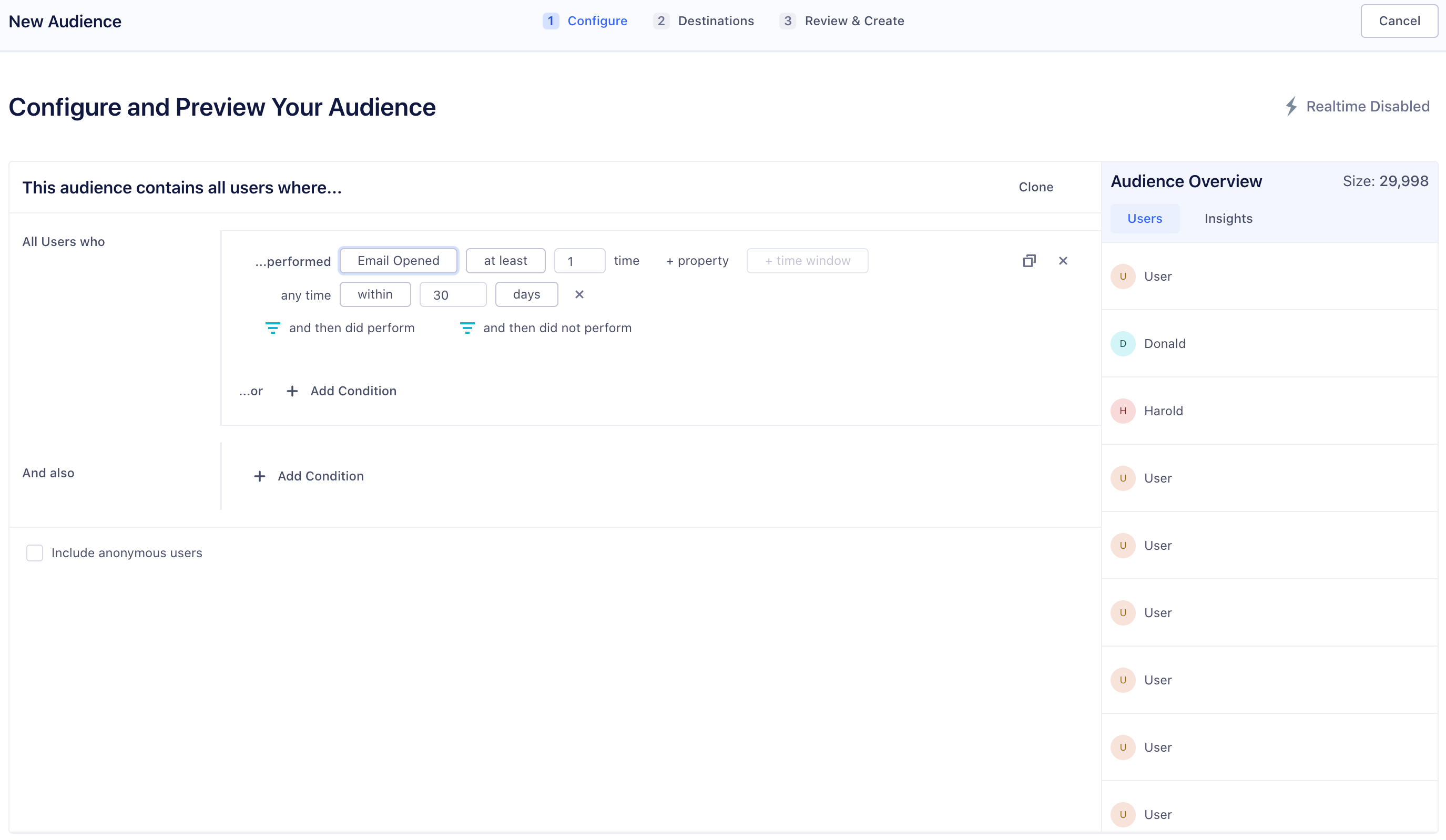 A screenshot of the Segment Configure and Preview Your Audience page, showing an audience created for all users who opened at least one email over the last 30 days.