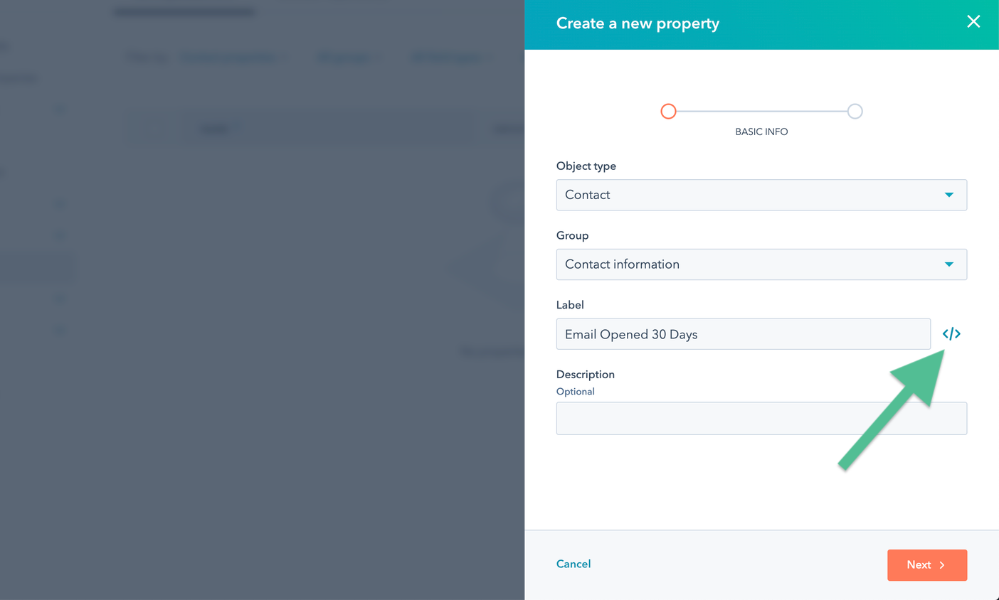 A screenshot of the Create a new property setup flow in Hubspot.