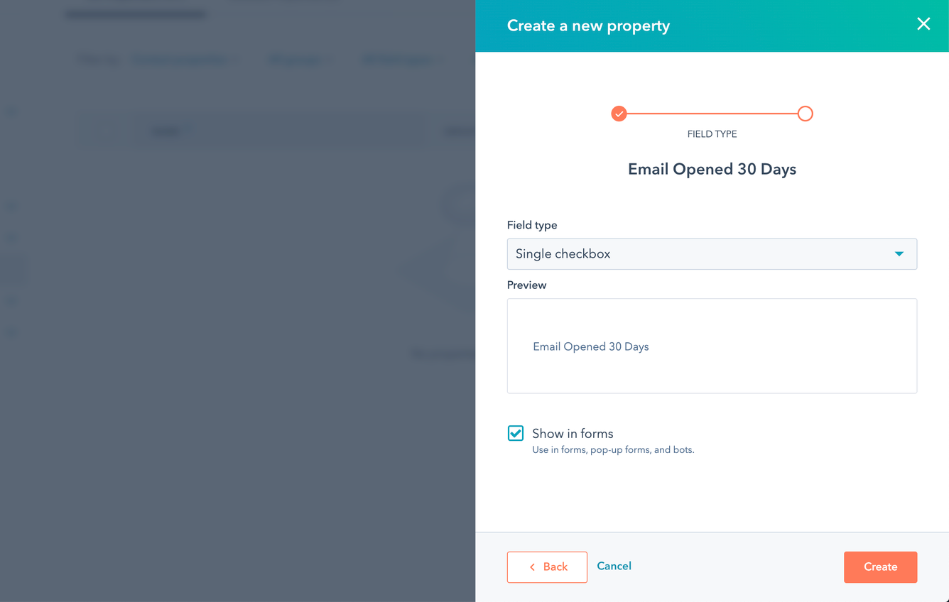 A screenshot of the final step in the Create a new property setup flow in Hubspot, with the field type set to Single checkbox.
