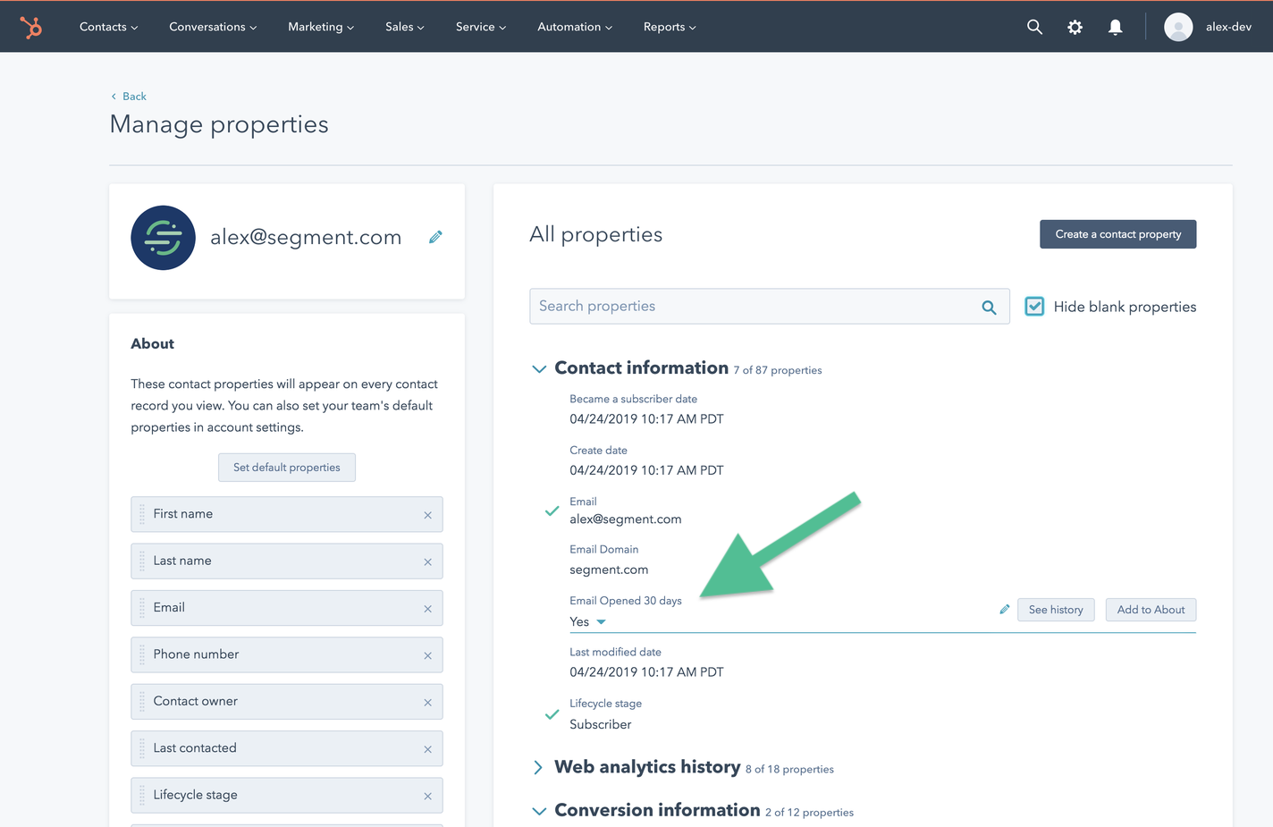 A screenshot of the Hubspot Managed Properties settings page.