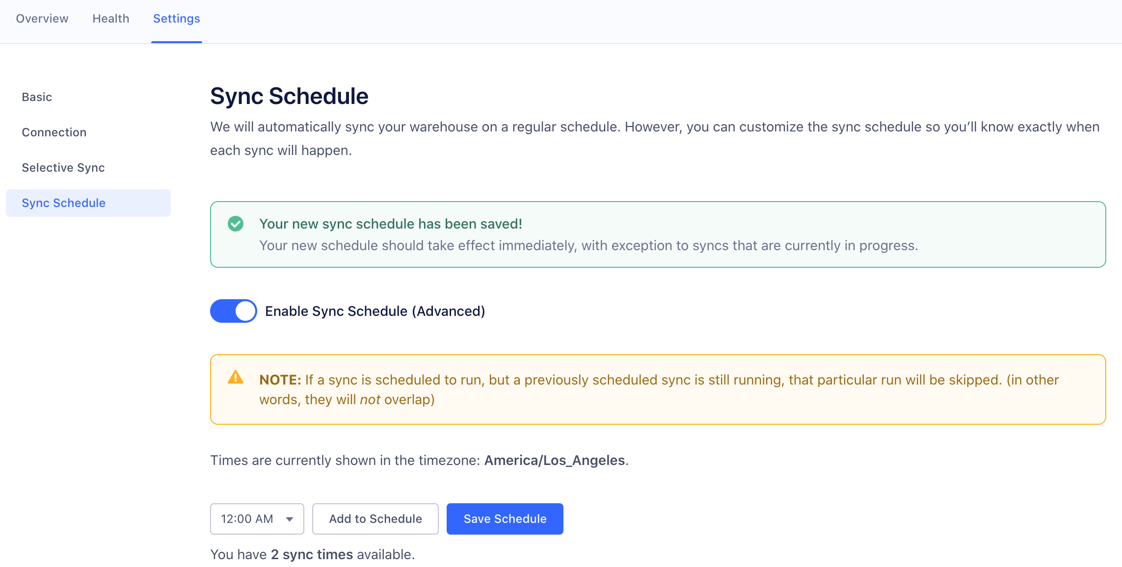 A screenshot of the sync schedule page. The enable sync schedule is toggled on, and the sync schedule dropdowns are visible.