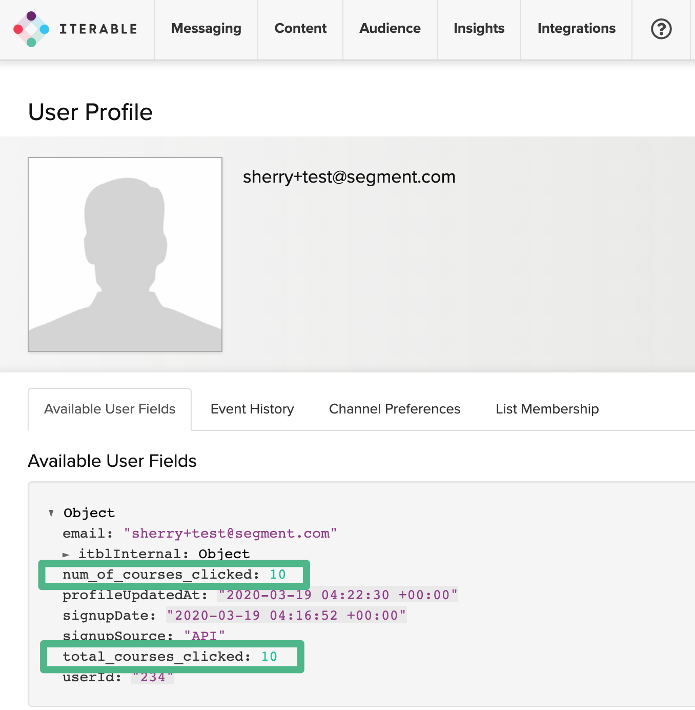 A screenshot of a user profile in Iterable.