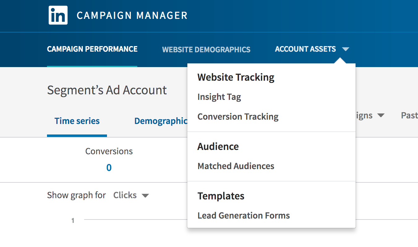A screenshot of the LinkedIn Campaign Manager page, with the Account Assets dropdown selected.