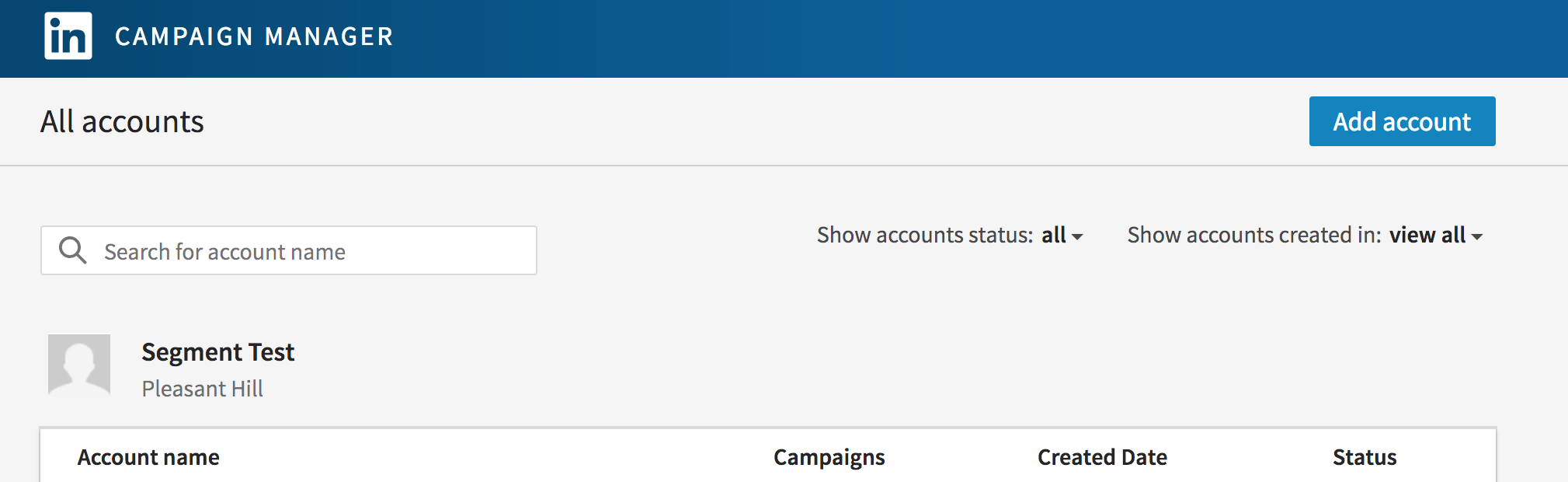 A screenshot of the Linkedin Campaign manager accounts page.