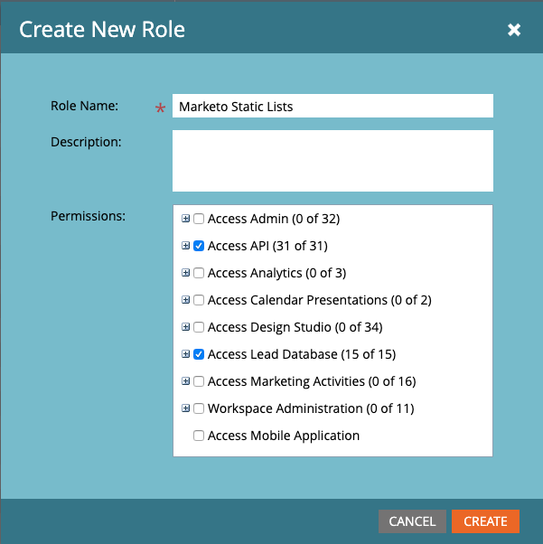 A screenshot of the Marketo Create New Role popup.
