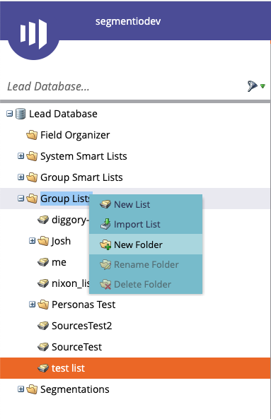 A screenshot of the Marketo Lead Database, with a New Folder menu item selected.