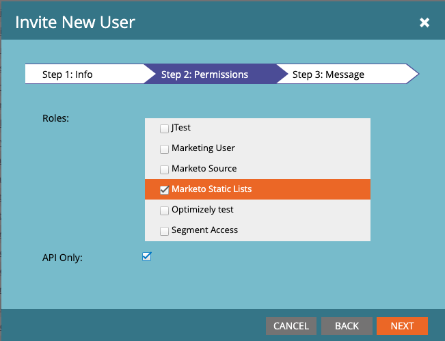 A screenshot of the Marketo Invite New User page, with the roles Marketo Static List and API only selected.