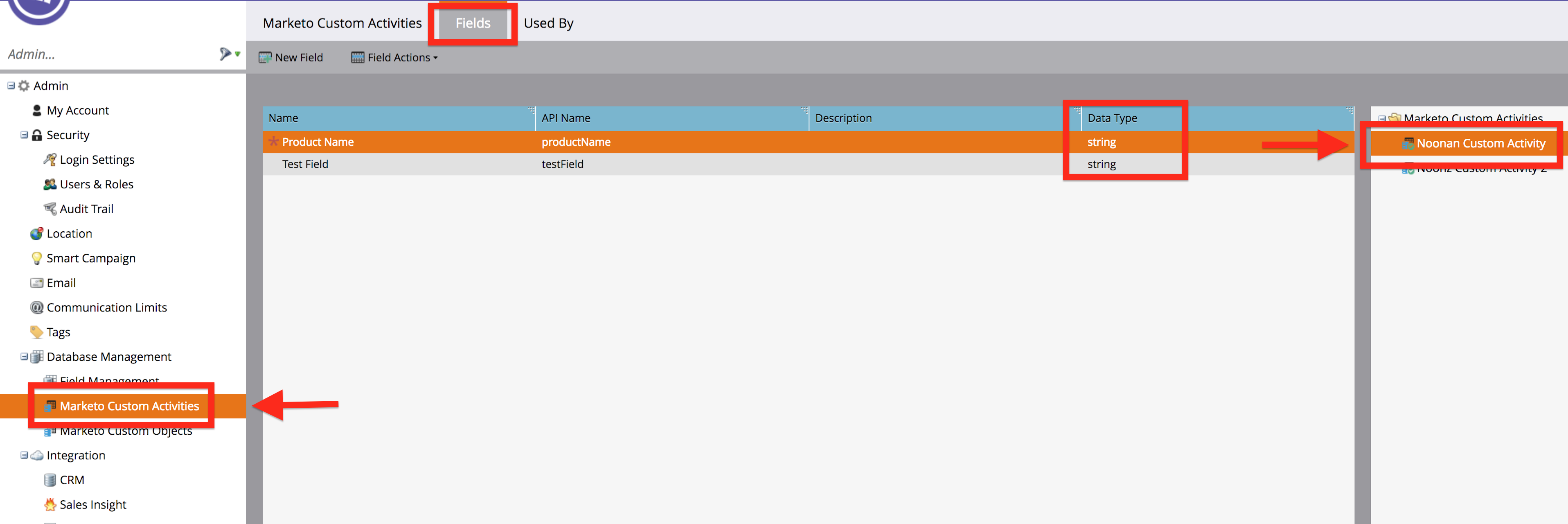 A screenshot of the Fields tab inside of the Marketo Custom Activities page.