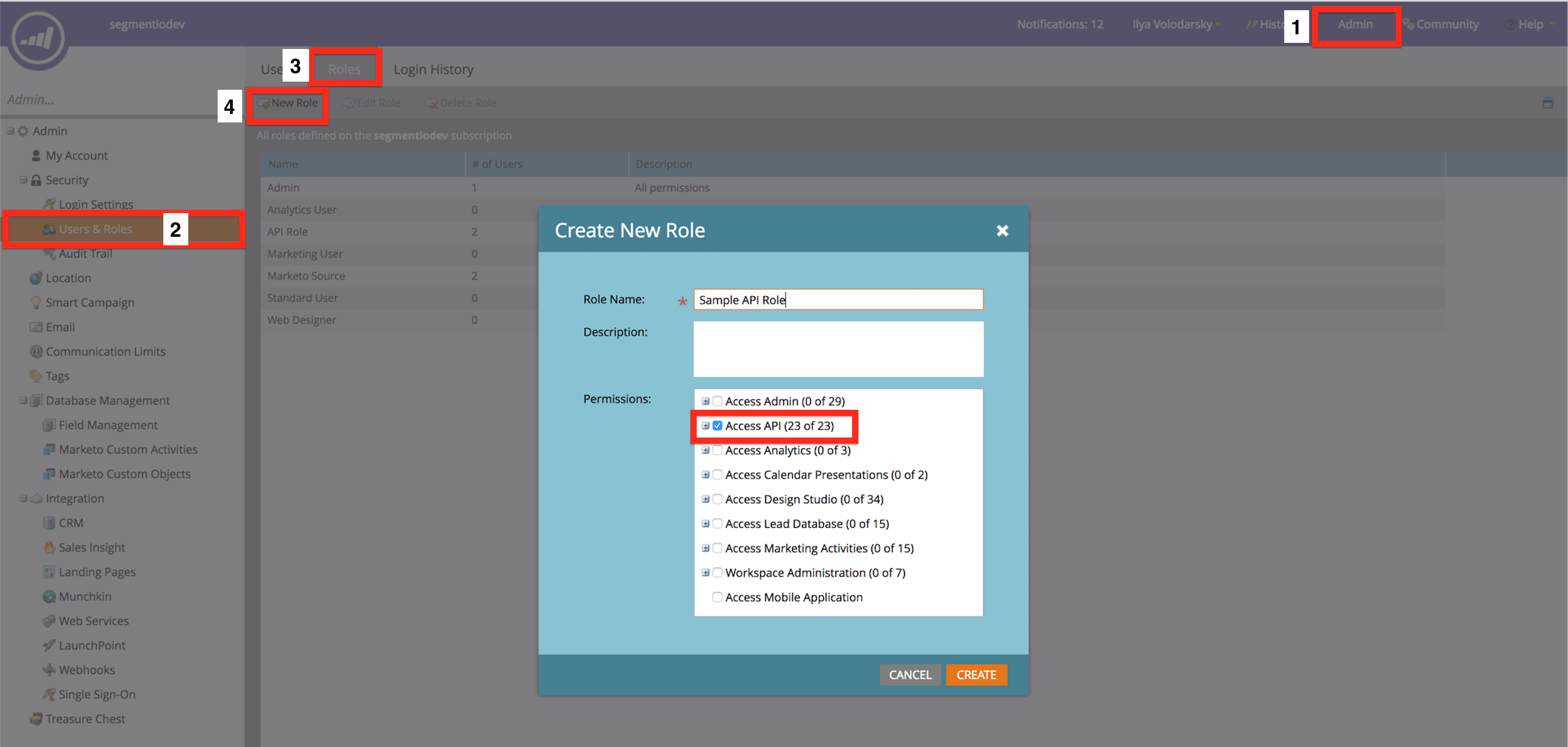 A screenshot of the Create New Role popup in Marketo.