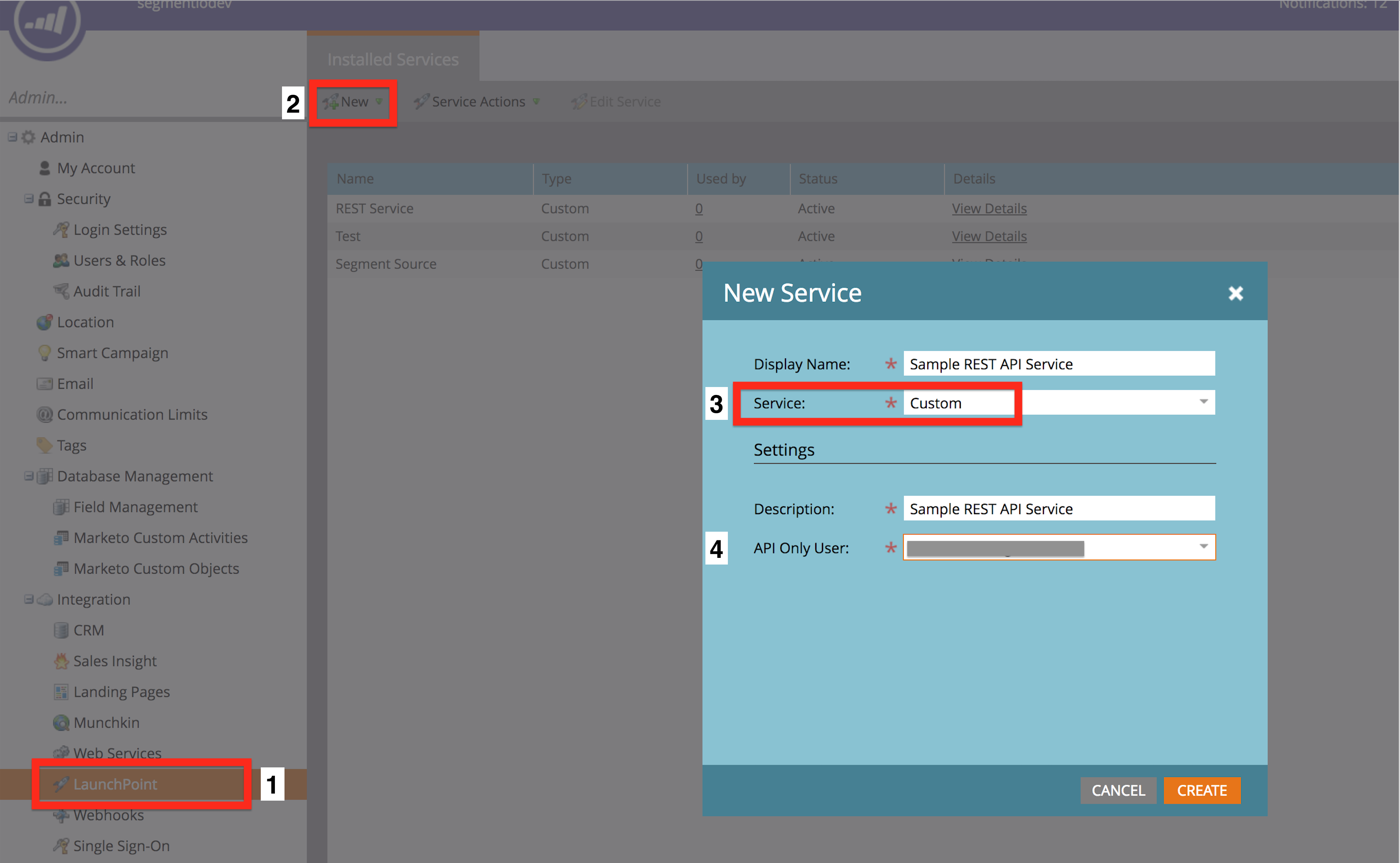 A screenshot of the New Service popup in Marketo.