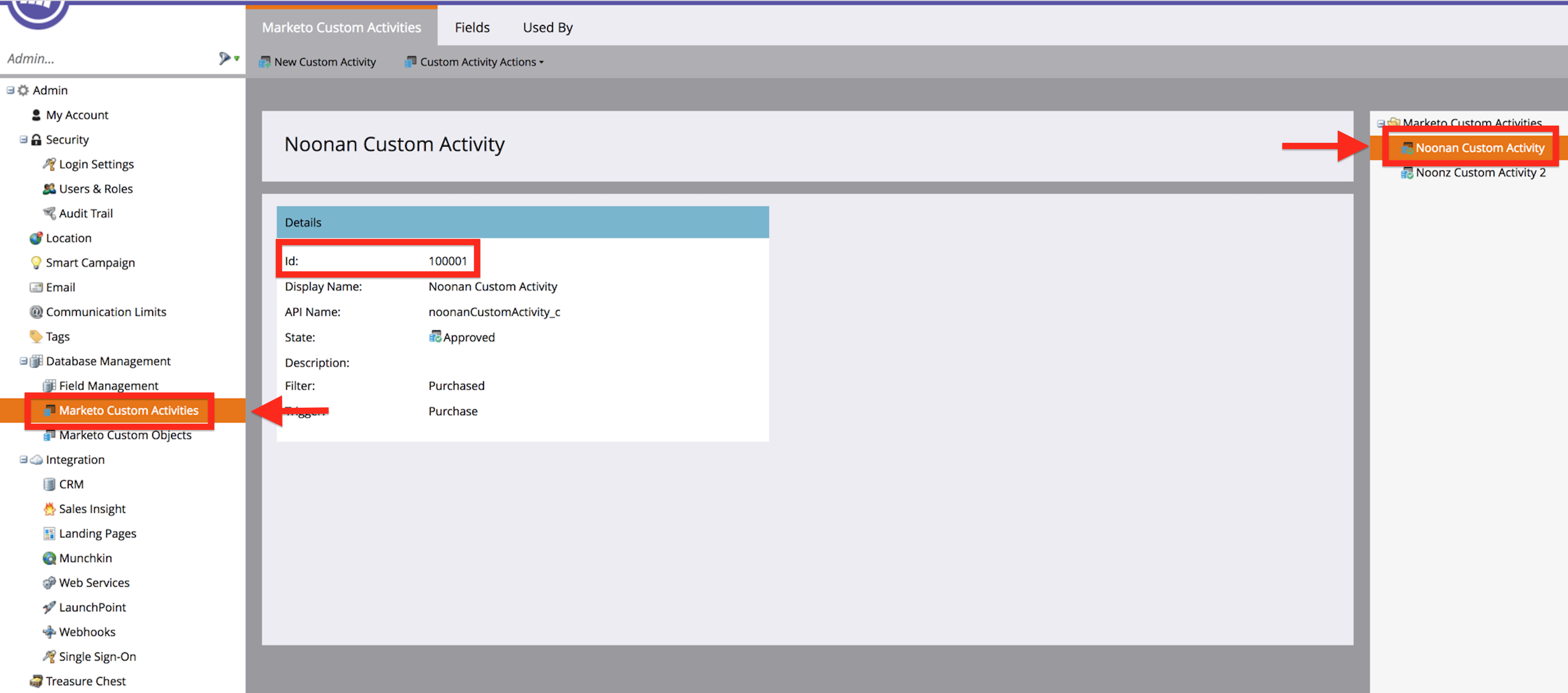 A screenshot of the Marketo Custom Activities page.