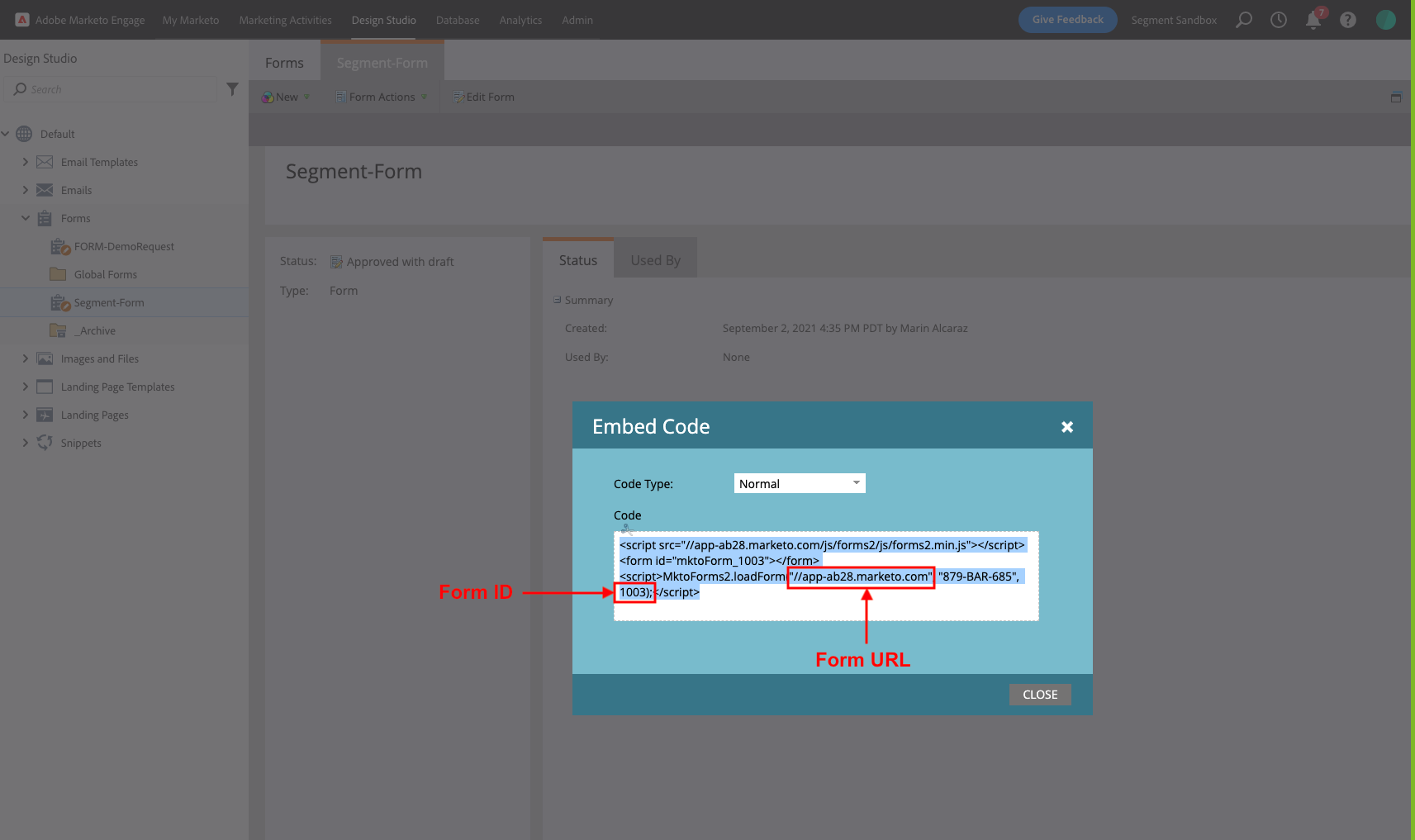 A screenshot of the Embed Code popup in Marketo.