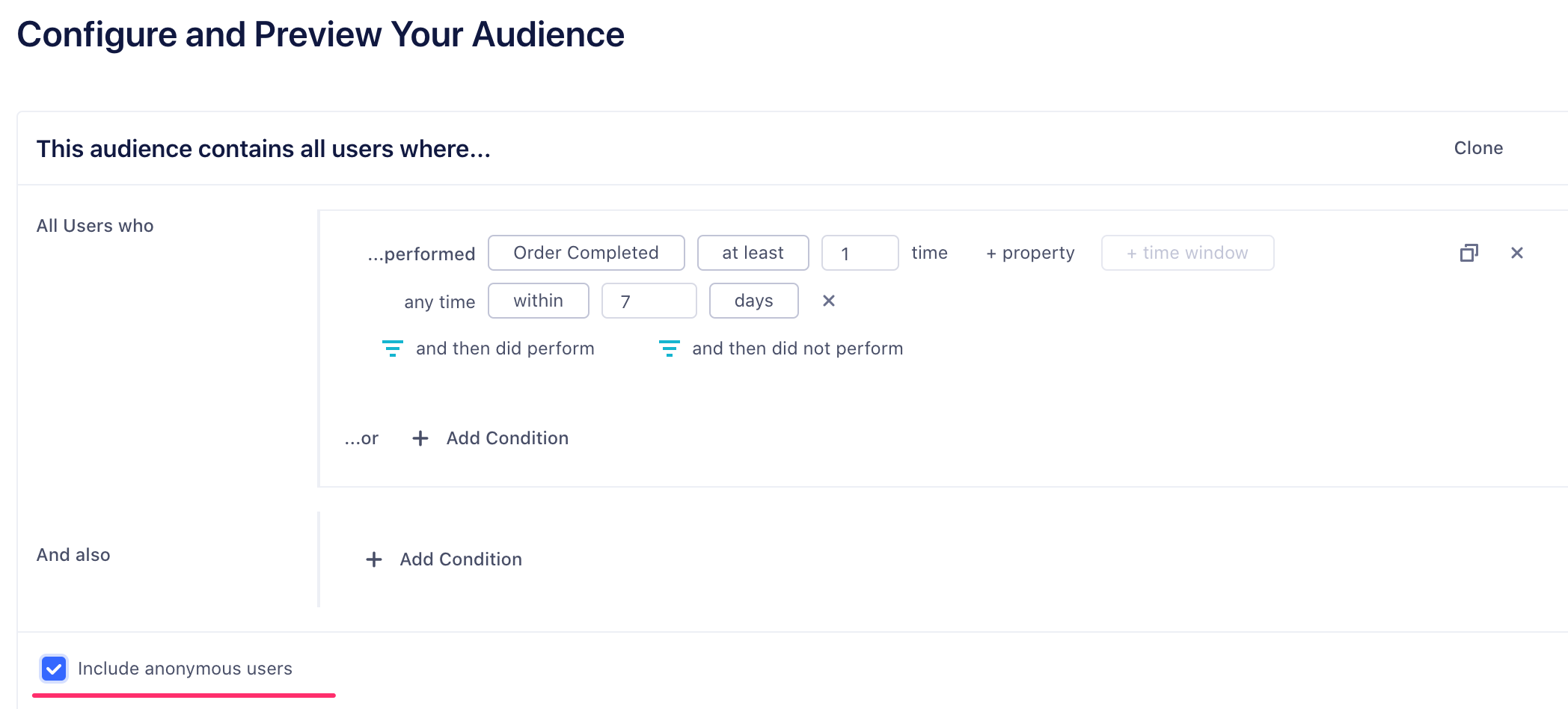A screenshot of the Configure and Preview Your Audience page in Segment, with an line under the Include anonymous users setting.